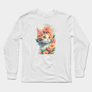 Cute cat with flowers Long Sleeve T-Shirt